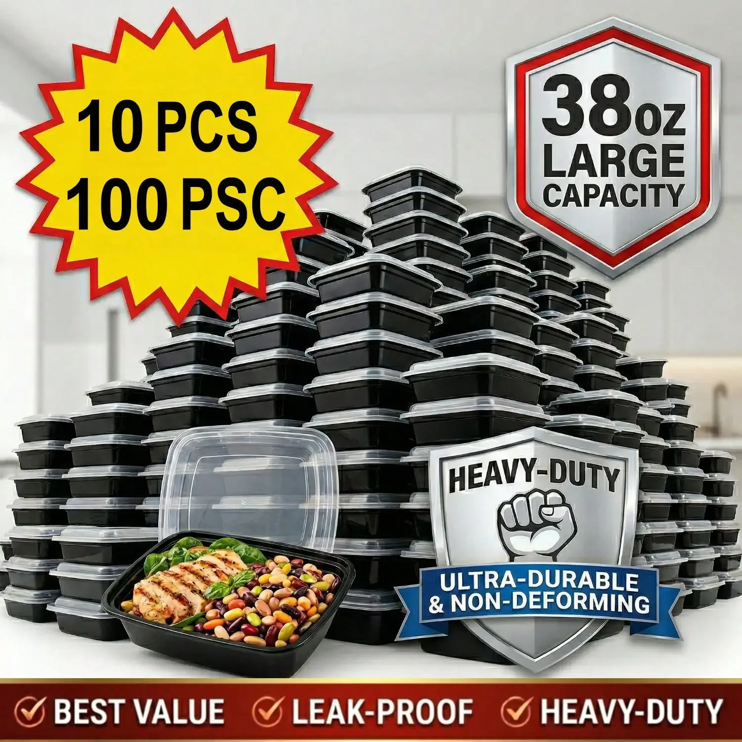 Meal Prep Kitchen - 10/100 pezzi, contenitori rettangolari neri da